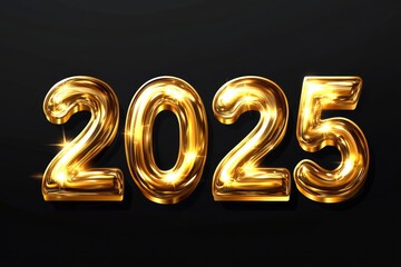Happy New Year 2025. Vector illustration of a holiday in the form of golden metallic numbers "2025" isolated on a black background. Realistic 3d sign. Festive poster or banner designwith generative ai