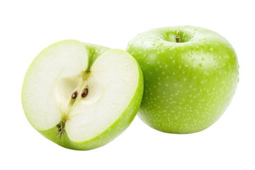 Close-up of a fresh green apple, whole and halved, showcasing the juicy interior and seeds on a transparent background. perfect for health and nutrition concepts.
