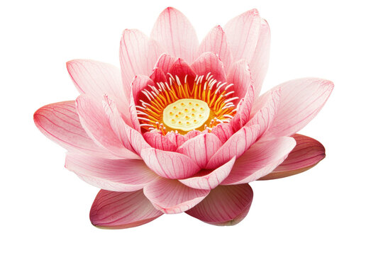 Close-up image of a beautiful pink lotus flower in full bloom with detailed petals and yellow stamen, isolated on transparent background.
