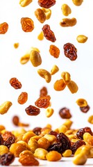 A pile of raisins and peanuts falling down on a white surface