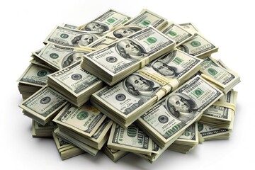 Stack of freshly minted hundred dollar bills forming a large pile, symbolizing wealth, financial success, and business prosperity on a white background.