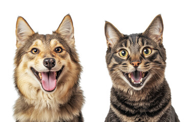 Adorable happy dog and cat side by side with joyful expressions, isolated on a transparent background. Perfect for pet-related content and advertising.