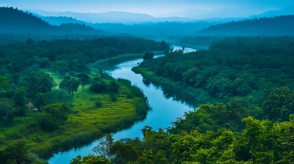 A river running through a lush green forest