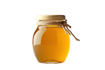 A jar of golden honey with a metal lid and twine decoration, isolated on a transparent background. perfect for culinary and natural ingredient uses.