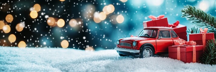 Red Toy Car Delivering Christmas Gifts in Snowy Winter Wonderland - A red toy car delivers gifts in a snowy winter scene. The car is loaded with presents, symbolizing the joy of giving during the holi