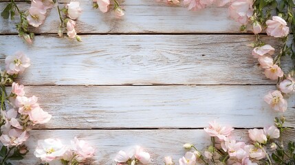 A backdrop of faded painted planks framed by a border of light pink flowers creates a romantic atmosphere
