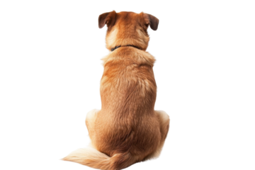A back view of a brown dog sitting against a transparent background. showcasing its fur and tail.