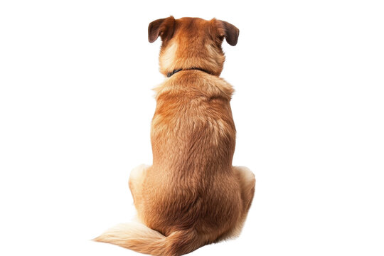A back view of a brown dog sitting against a transparent background. showcasing its fur and tail.