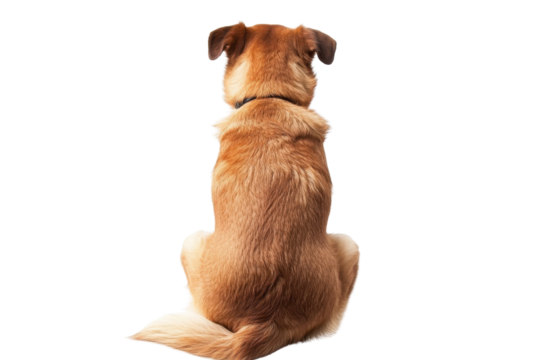 A back view of a brown dog sitting against a transparent background. showcasing its fur and tail.