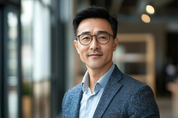 Obraz premium chinese, office, happy, portrait of a businessman in his 40s, looking at the camera, random clothes. modern style