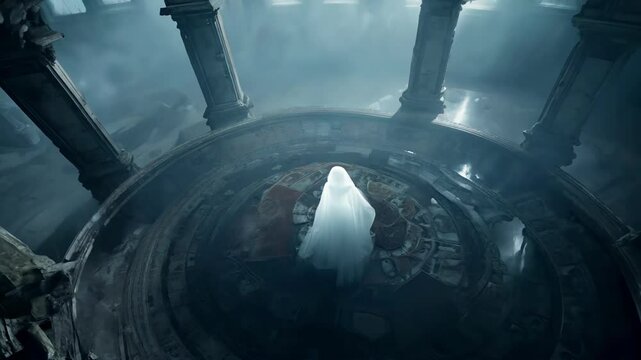 Ghostly figure in an ancient, dilapidated castle rotunda. Concept of haunted architecture, ghost, paranormal presence, haunted mansion, spooky and eerie atmosphere