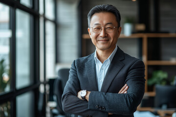 chinese, office, happy, portrait of a businessman in his 40s, looking at the camera, random clothes. modern style