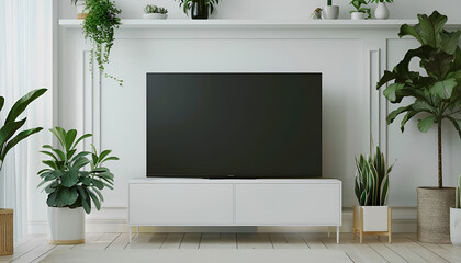 wide screen TV on white stand near light wall