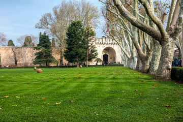 historical 1 th courtyard  garden, Babusselam gate of topkapi palace in istanbul