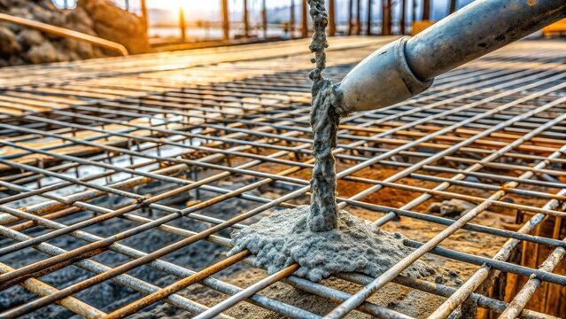 Steel bars and metal mesh being poured with fresh cement, strengthening the foundation of a new construction project, symbolizing support and durability.