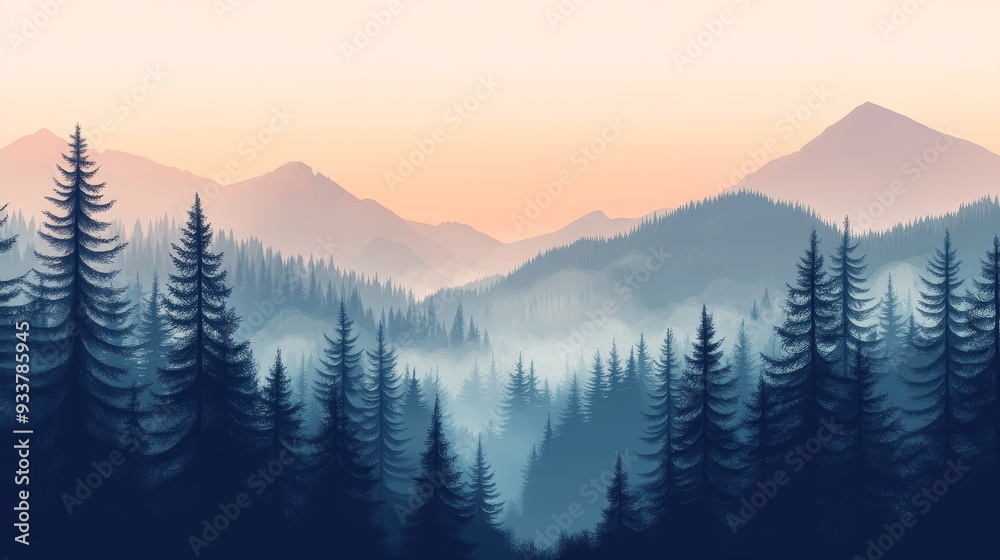 Poster Serene Mountain Landscape with Misty Forest - A tranquil image of a mountain range enveloped in morning mist, showcasing a dense forest of pine trees, the image evokes a sense of peace, tranquility, a