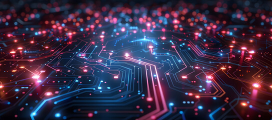 Abstract circuit board design with glowing connections and a dark gradient background. This modern and intricate backdrop is perfect for tech presentations or digital innovations