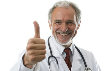 Smiling doctor with stethoscope giving thumbs up gesture, symbolizing approval and positivity in healthcare.