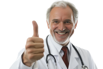 Smiling doctor with stethoscope giving thumbs up gesture, symbolizing approval and positivity in healthcare.