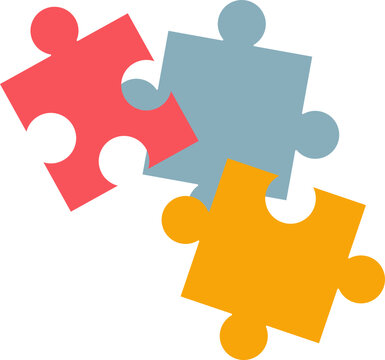 Three interlocking jigsaw puzzle pieces in red, blue, and yellow, symbolizing connection and teamwork.