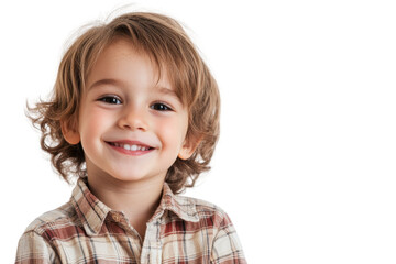 Happy child with blond hair smiling wearing a plaid shirt. Bright innocent expression with dark background. Stock photography of joyful kids.
