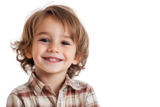 Happy child with blond hair smiling wearing a plaid shirt. Bright innocent expression with dark background. Stock photography of joyful kids.