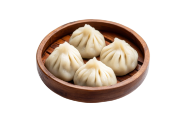 Four steamed dumplings in a wooden bowl. Delicious Asian cuisine, perfect for lunch or dinner.