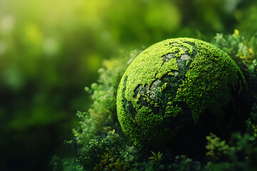 An abstract representation of a green planet, symbolizing environmental sustainability and ecological balance.