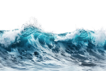 Dynamic ocean wave crashing with white foam, blue sea water, and splashing spray, isolated on a transparent background.