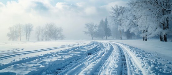 Tire tracks visible on the snow-covered ground during a blizzard, leaving room for a copy space image.