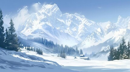 Snowy Mountain Landscape Illustration with Cottages and Pine Trees