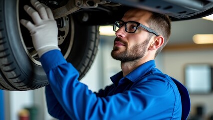 Mechanic working on car wheel in auto shop