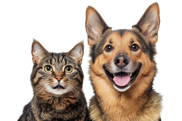Close-up of a happy dog and curious cat sitting together, showcasing their unique expressions and the bond between pets.