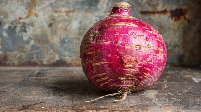 A close-up photograph of a vibrant purple kohlrabi placed on a rustic wooden surface with a textured background, showcasing the vegetable's unique shape and natural beauty - Powered by Adobe