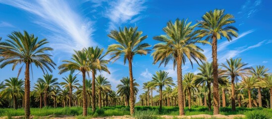 Obraz premium Lush date palm trees form a dense thicket under a clear blue sky, creating a picturesque scenery with copy space image.