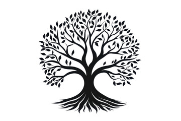 Black silhouette of a tree with intricate branches and roots. Ideal for nature, organic, and environmental themes in designs.