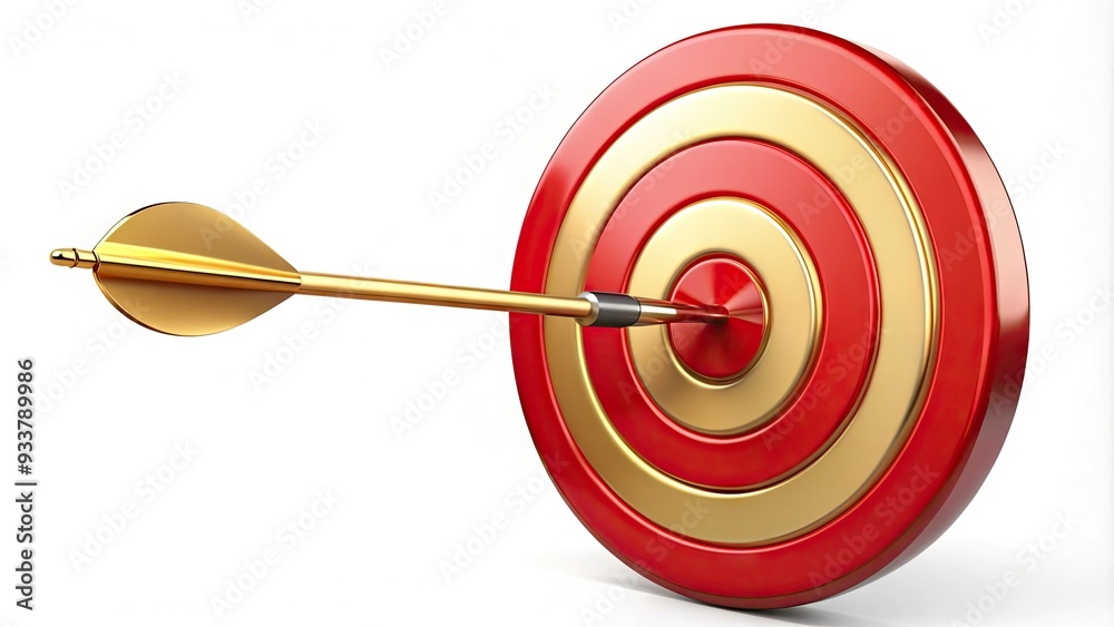 Wall mural a golden arrow icon poised and aiming directly at the center of a bold, red target, symbolizing prec