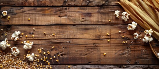 Wooden background with popcorn and corn seeds creating a rustic scene in a copy space image.