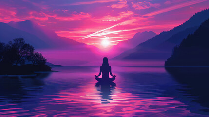 A person meditates peacefully by a lake under a stunning sunset, surrounded by colorful skies and silhouetted mountains