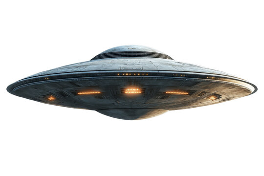 A realistic illustration of a flying saucer UFO with glowing lights, isolated on a transparent background.