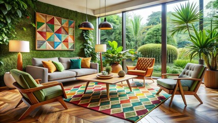 Stylish retro living room with sleek wooden coffee table, colorful geometric patterned rug, and organic-shaped armchairs surrounded by lush greenery.