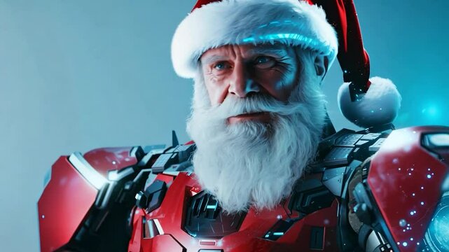 Serious futuristic santa in red exosuit blends holiday tradition with advanced tech, perfect for innovative projects