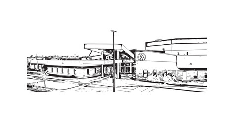 Obraz premium Building view with landmark of Steinbach is the third largest city in Canada. Hand drawn sketch illustration in vector. 