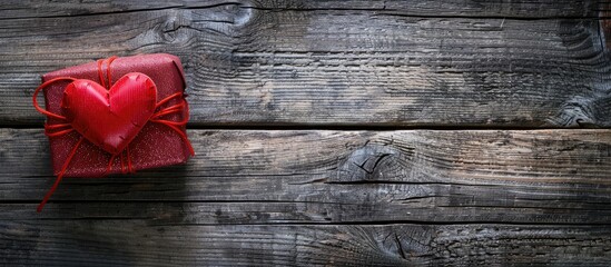 Fototapeta premium Valentine's Day love symbolized by a red heart gift on a wooden background with open space for text or images. image with copy space