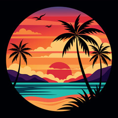 Fototapeta premium Summer Vector graphic for t-shirt design with beach, sunset, and palm tree