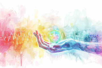 A hand cradles a heart symbol, surrounded by vibrant colors and heartbeat lines, signifying health and compassion