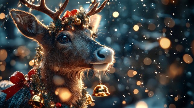 A festive Christmas scene with reindeer in the snow