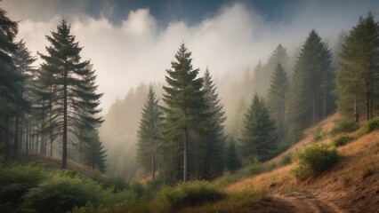 Foggy Forest Path with Tall Pine Trees