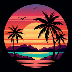 Summer Vector graphic for t-shirt design with beach, sunset, and palm tree