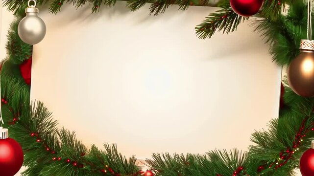 Festive blank greeting card or invitation framed with Christmas decorations and green pine branches. Concept of holiday greetings, seasonal invitations, and festive atmosphere. Copy space